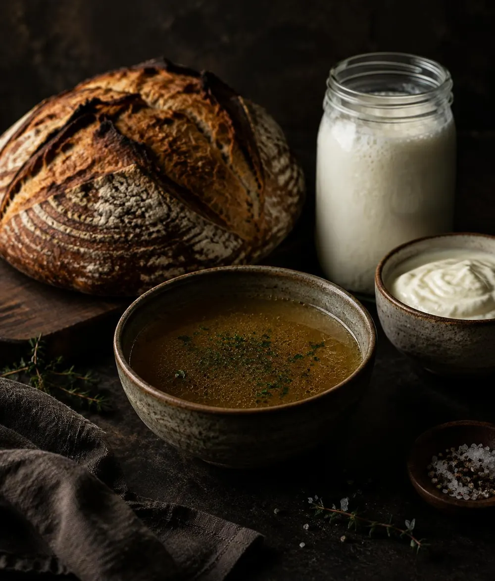 Pão de fermentação natural, caldo de ossos, kefir e iogurte caseiro