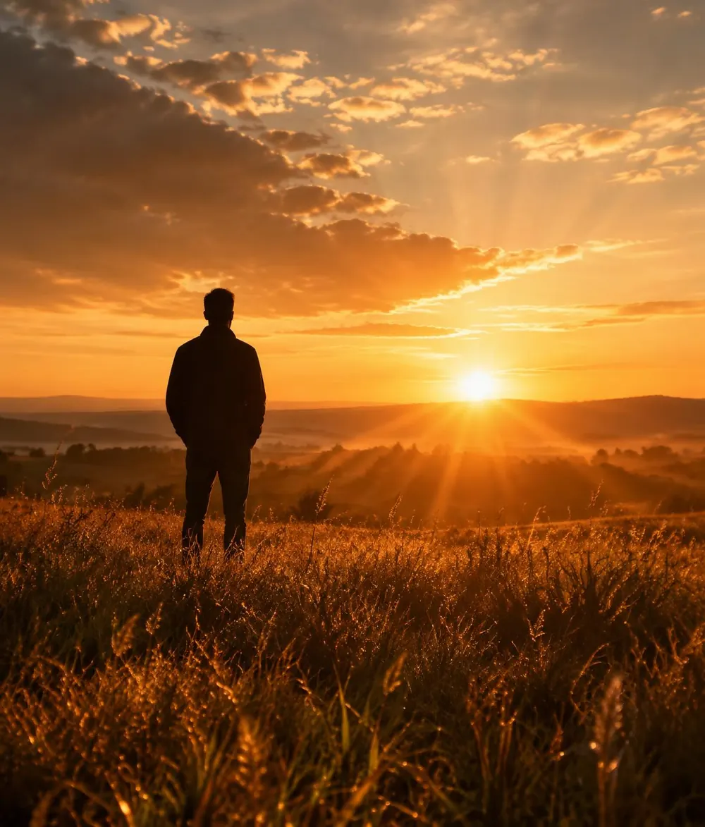 Homem em um campo aberto olhando o sol da manhã
